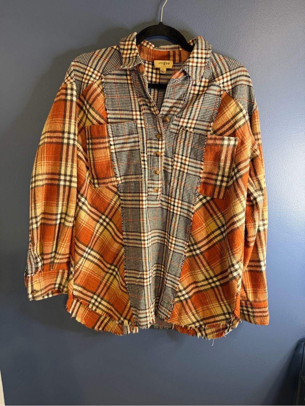 Umgee Orange Plaid Button-Front Patchwork raw edge Oversized top Small